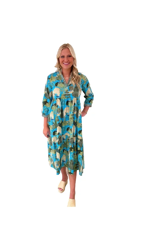 The Morley Long Length Dress in Turquoise Tropical Cabana Cotton Tunics Winter warm