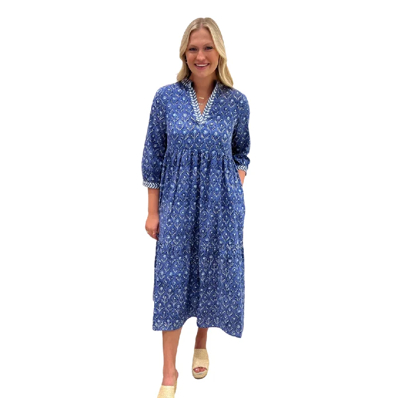 The Morley Embroidered Trim Long Length Dress in Blue Floral Block Print Tunics Sophisticated sleek
