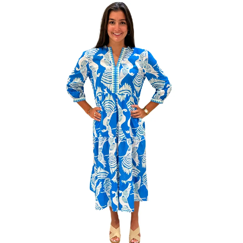 The Daniella Embroidered Trim Cotton Dress in Blue Green Bird Print Tunics Stylish elegant The Daniella Embroidered Trim Cotton Dress in Blue Green Bird Print Tunics Stylish elegant