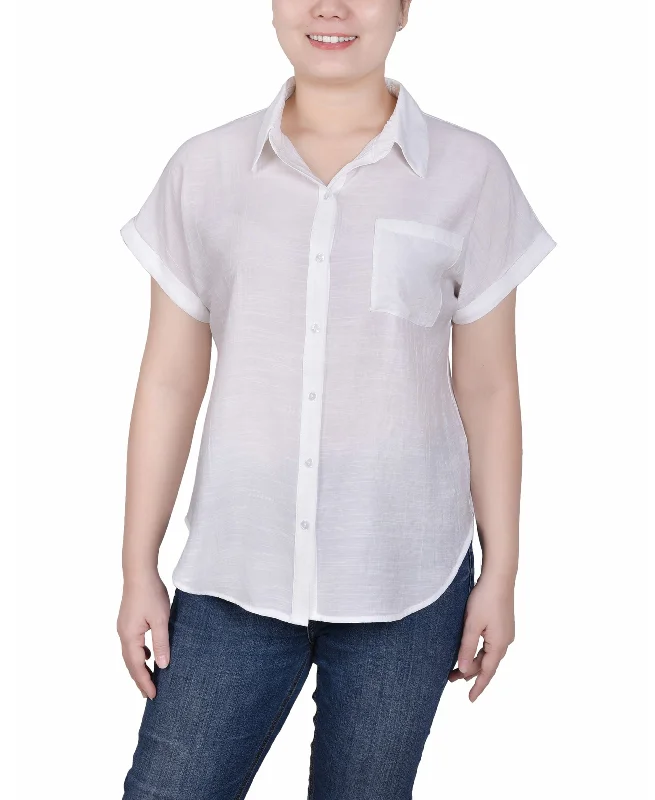 Petite Woven Front, Jersey Back Short Sleeve Top Chic Jersey Tee
