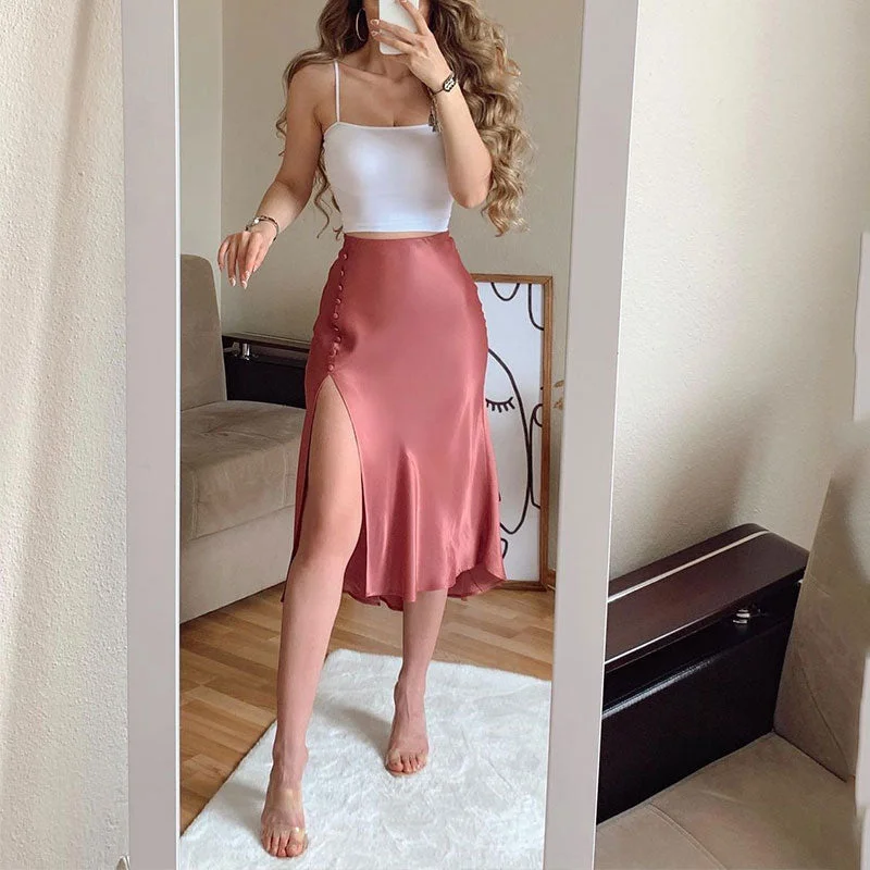 Spaghetti Strap Crop Top & Satin Skirt Zippered Buttoned Snapped