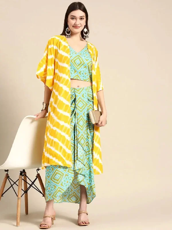 Shrug with crop top and dhoti skirt in Aqua Blue Layered Multi-layer Single Layer