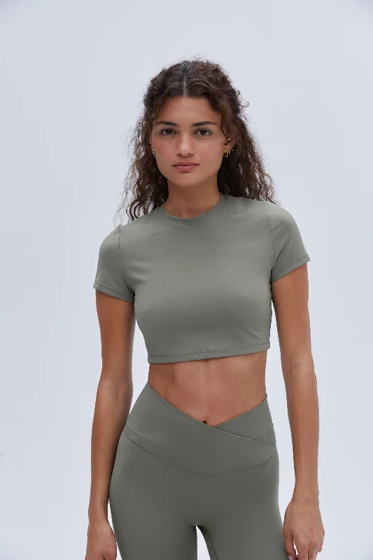 Short Sleeve Crop Top - Olive Green Notch Collar Peter Pan Collar Cowl Neck