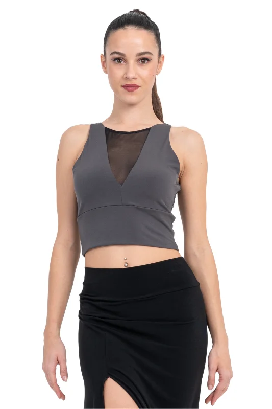 Sleeveless Crop Top With Mesh V Neckline Sequined Glittery Shiny