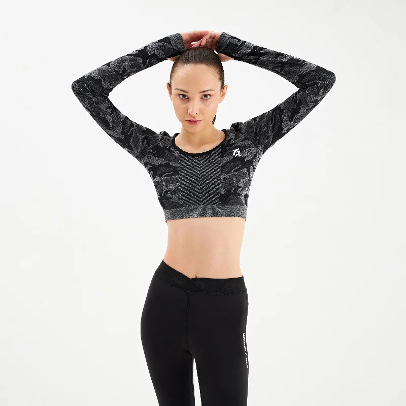 Camo Seamless Crop Top (Black) Hooded Caped Shawl Collar