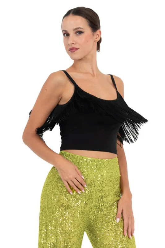 Black Crop Top With Fringe Layer Collared Crew Neck Turtle Neck