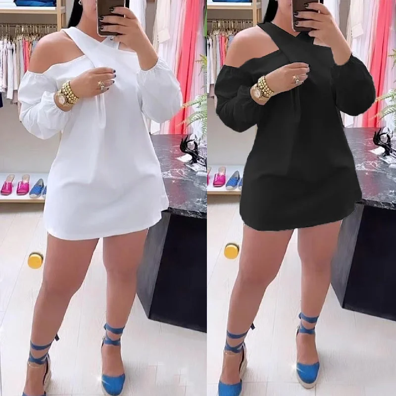 Hollow off-the-shoulder cross collar dress(CL12151) Tunic Top Casual