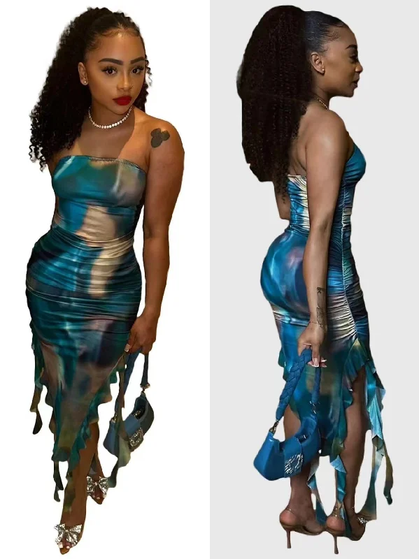 Printed chest-wrapped slit dress（CL12238） Tunics Hiking breathable