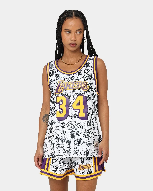 Mitchell & Ness Women's Los Angeles Lakers Shaquille O'Neal #34 Doodle Swingman Jersey White Off Shoulder Jersey Top Mitchell & Ness Women's Los Angeles Lakers Shaquille O'Neal #34 Doodle Swingman Jersey White Off Shoulder Jersey Top