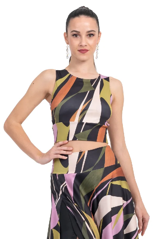 Abstract Print Sleeveless Crop Top With Side Cutouts Solid Print Embellished