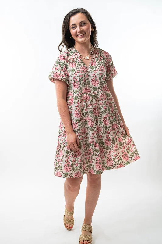 The Dahlia Cotton Hand Block Print Dress in White and Pink Floral Tunics Print Colorful The Dahlia Cotton Hand Block Print Dress in White and Pink Floral Tunics Print Colorful