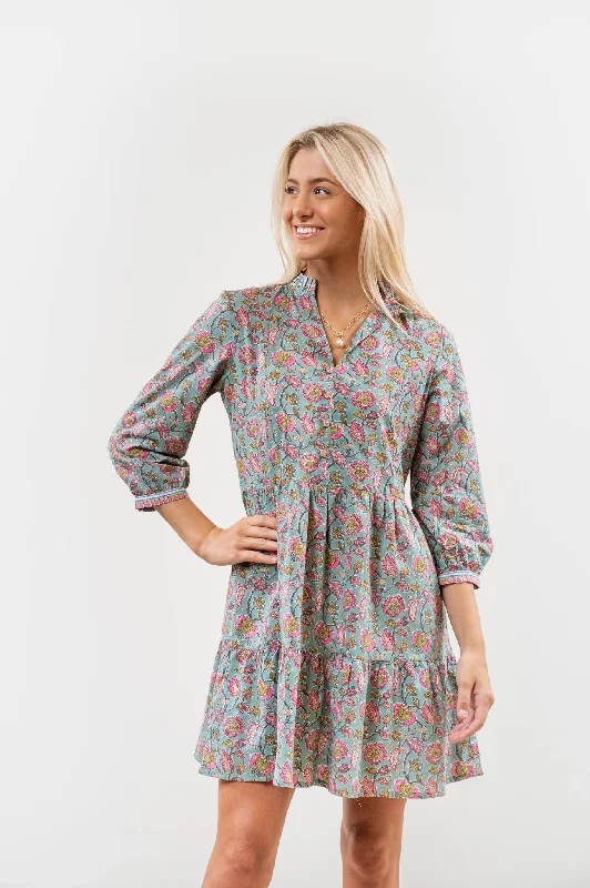 The Genevieve Cotton Block Print Dress in Pink and Green Floral Tunic Top Casual