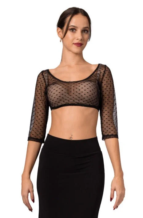 See-through Dotted Tulle Crop Top Sleeves Seamless Knitted Crochet