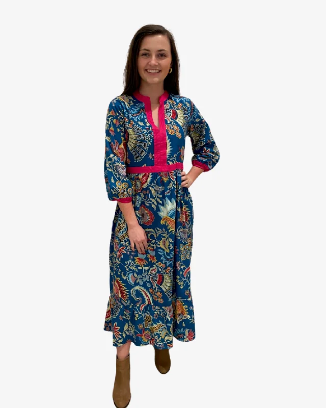 The Monaco Long Length Teal Multicolored Floral Print Dress Boat Neckline Classic
