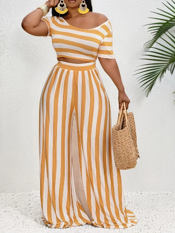 Two-Piece Striped Crop Top and Wide Leg Pants Set - Soft Mid-Elasticity Polyester Fabric, Scoop Neck, Short Sleeve, Random Printed, Casual Outfit for Spring/Summer Nylon Fabric Polyester Fabric Spandex Fabric