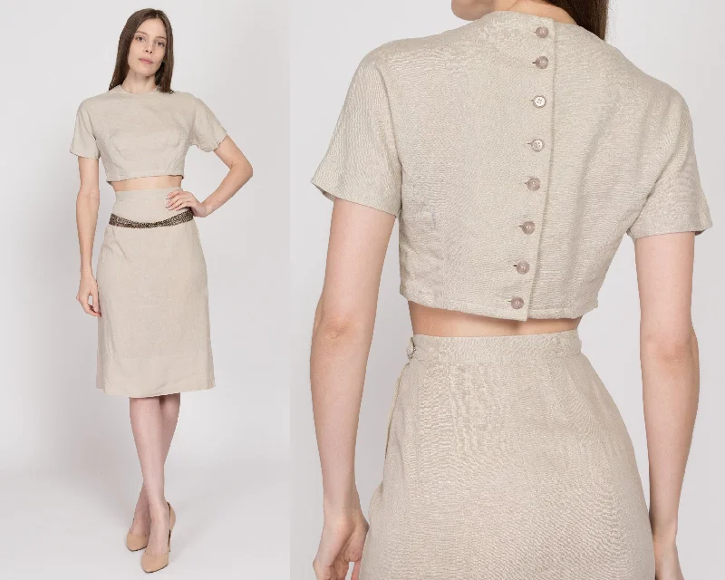 XS 60s Oatmeal Linen Crop Top & Midi Skirt Set Chenille Fabric Brocade Fabric Lace Fabric