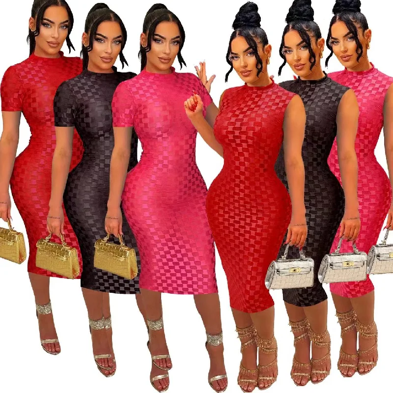 Grid round neck dress（CL12156） Off-the-shoulder Chic Trendy