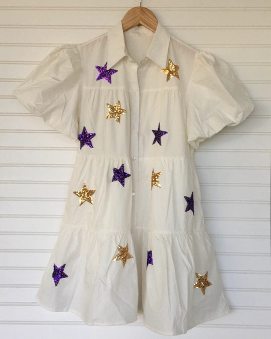 Women's Dress Purple & Gold Star Smocked Linen Square Neckline Feminine