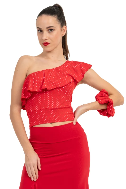 Red Polka Dot One Shoulder Crop Top With Ruffles Nylon Fabric Polyester Fabric Spandex Fabric