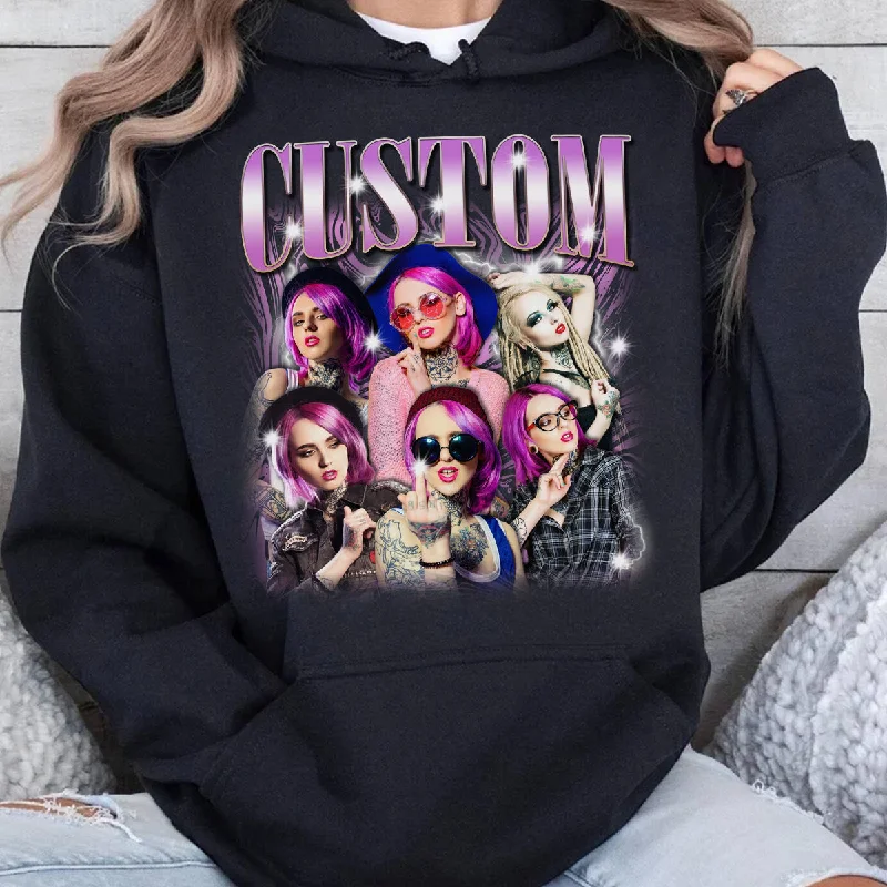 Custom Bootleg Rap Tee, Custom Photo - Vintage Graphic 90s Hoodie, 90s Style, Custom Photo Shirt, Gift For Girlfriend Hoodie with Side Slits Relaxed Casual