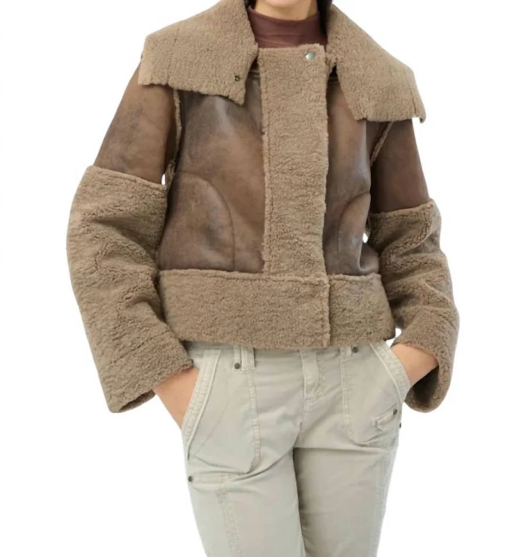 Trisha Bonded Distressed Suede Sherpa Jacket In Hazel Nylon Jacket Polyester Jacket Spandex Jacket