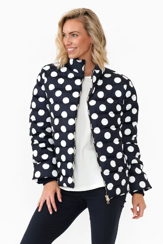 Sillian Navy Spot Puffer Jacket Zip Front Button Front Snap Front