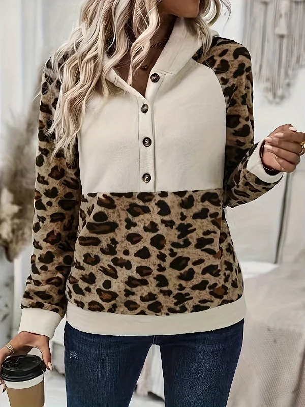 Hazel Blues® | Leopard Half Button Long Sleeve Hoodie Hoodie with Metallic Shiny Futuristic Hazel Blues® | Leopard Half Button Long Sleeve Hoodie Hoodie with Metallic Shiny Futuristic