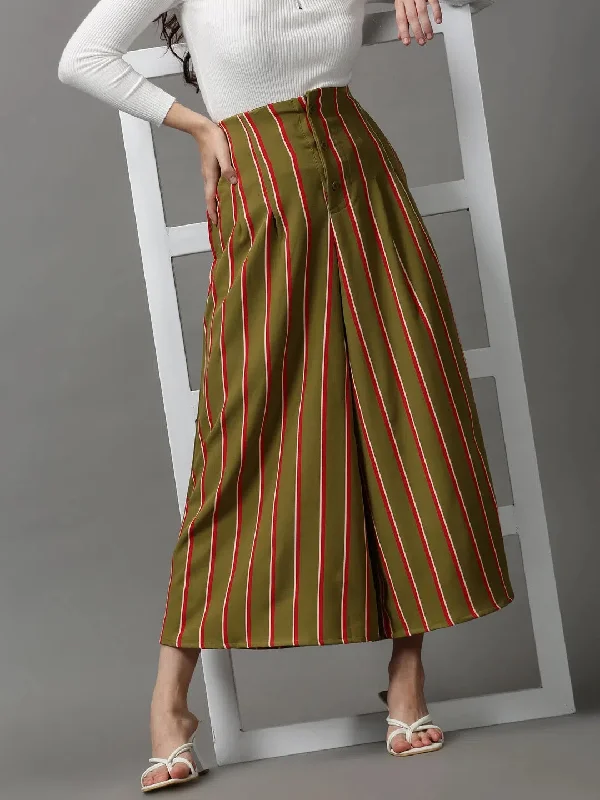 Women's Olive Striped Parallel Trouser-AE-10401-Olive Trousers Timeless Classic