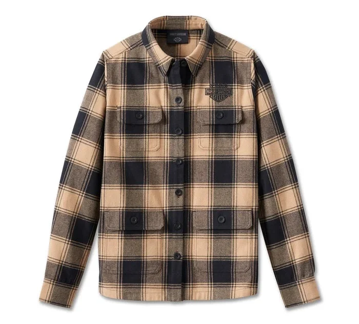 Women's Shadow Shirt Jacket - Plaid - Tannin Collared Jacket Crew Neck Jacket Turtle Neck Jacket