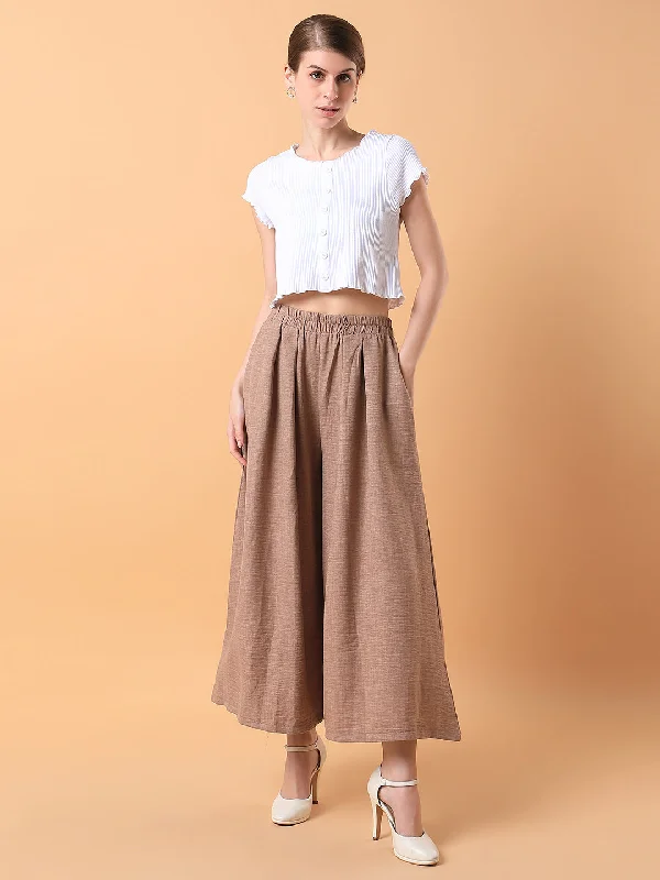 Women Solid Beige Pleated Loose Fit Trouser-1975-Beige Trousers Chinos Classic