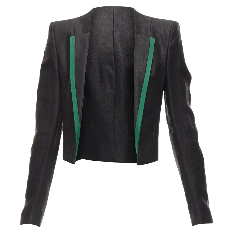 Haider Ackermann Ramie Silk Green Trim Cropped Blazer Jacket One-Shoulder Jacket Off-the-Shoulder Jacket Asymmetrical Jacket Haider Ackermann Ramie Silk Green Trim Cropped Blazer Jacket One-Shoulder Jacket Off-the-Shoulder Jacket Asymmetrical Jacket