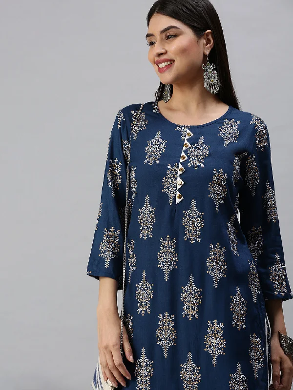 Women Straight Blue Printed Kurta and Trousers-UB2189-Blue Trousers Modern Contemporary