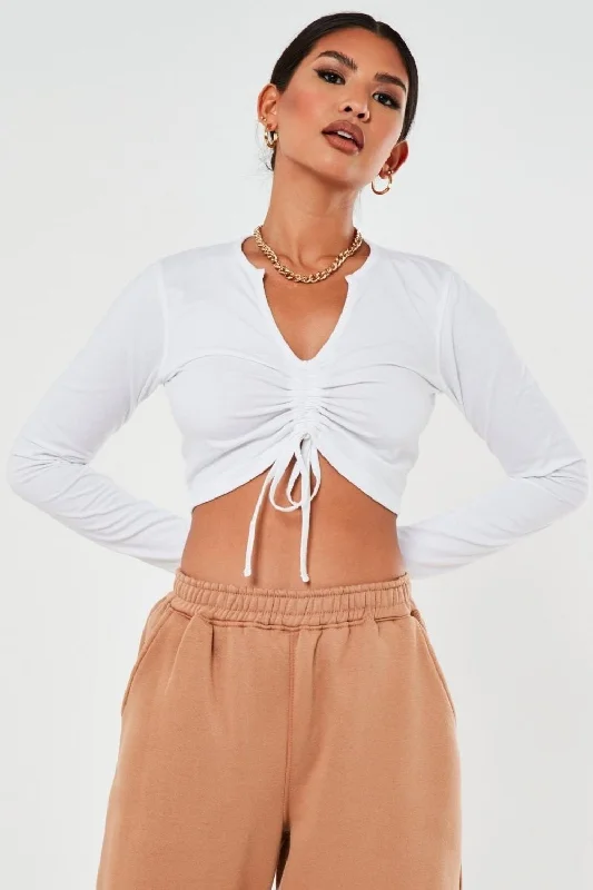 White Notch Neck Ruched Front Crop Top Embroidered Appliqued Beaded