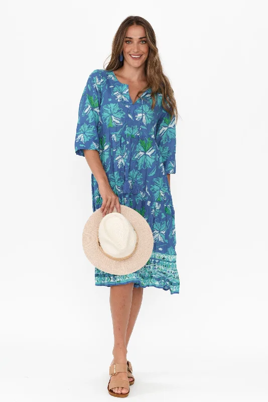 Milana Aqua Floral Crinkle Cotton Dress