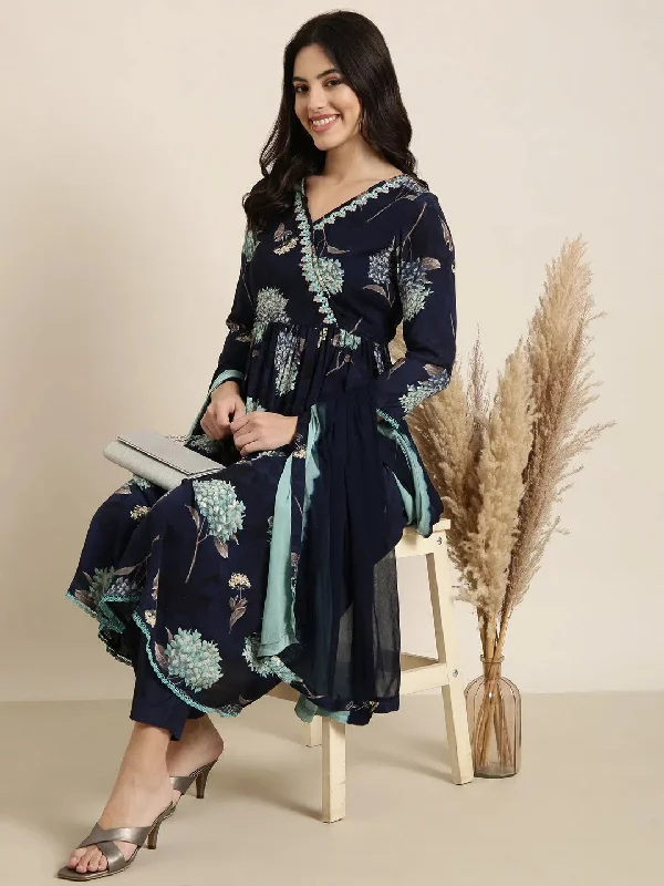 Women Anarkali Navy Blue Floral Kurta and Trousers Set Comes With Dupatta-BC-SK-1917-Navyblue Trousers Hiking Durable Women Anarkali Navy Blue Floral Kurta and Trousers Set Comes With Dupatta-BC-SK-1917-Navyblue Trousers Hiking Durable