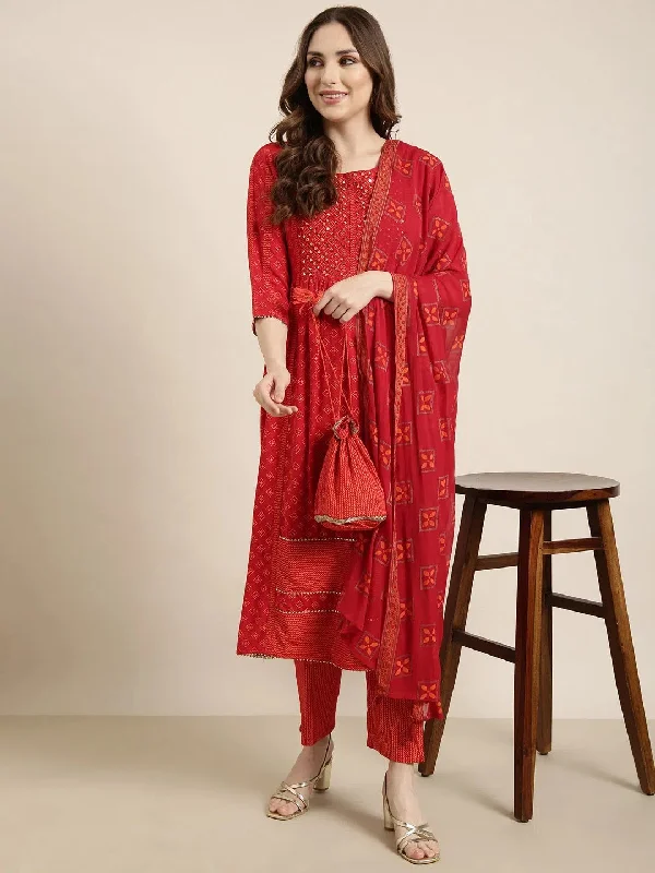 Women A-Line Red Geometric Kurta and Trousers Set Comes With Dupatta and Potli Bag-GW-4039-Red Trousers Solid Black Women A-Line Red Geometric Kurta and Trousers Set Comes With Dupatta and Potli Bag-GW-4039-Red Trousers Solid Black