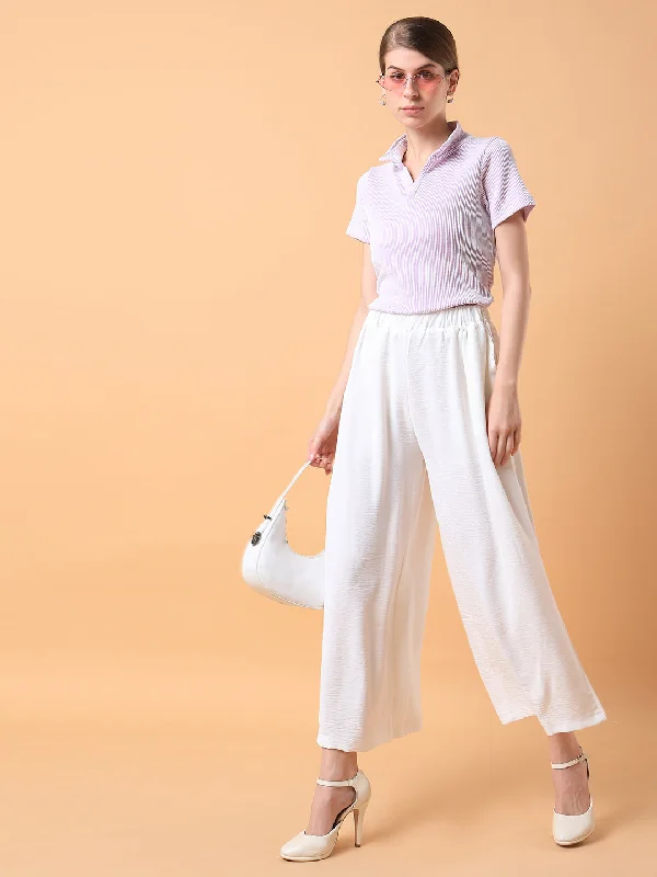Women Solid White Pleated Loose Fit Trouser-1090-White Trousers Occasion Special