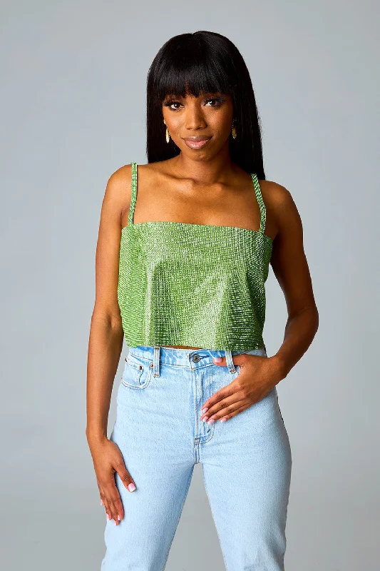 Girly Girl Rhinestone Crop Top - Emerald Collared Crew Neck Turtle Neck