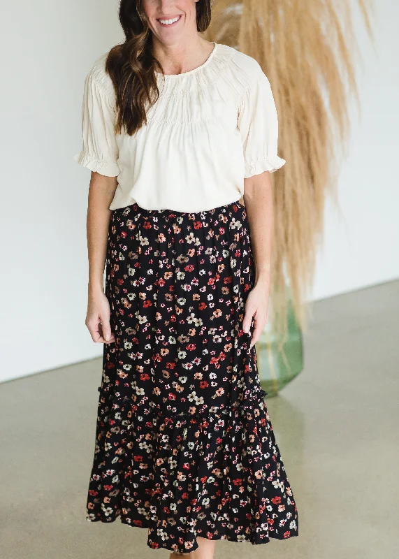 Black Floral Tiered Midi Skirt - FINAL SALE maxi skirt elegant