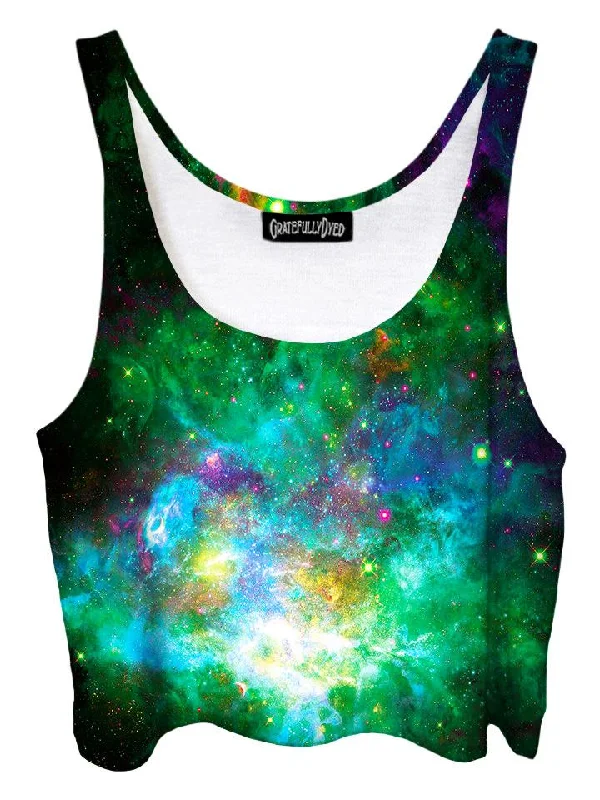 Confetti Cloud Neon Green Galaxy Crop Top Collared Crop Top Boat Neck A-Line