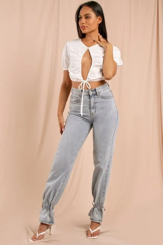 Open Cut Front White Crop Top Ribbed Striped Patterned