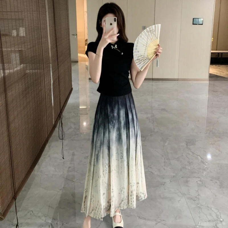 New Chinese Style Casual Suit Skirt for Women Summer New Elegant Slimming Ink Painting Horse-Face Skirt Skirt Two-Piece Set tiered skirt playful New Chinese Style Casual Suit Skirt for Women Summer New Elegant Slimming Ink Painting Horse-Face Skirt Skirt Two-Piece Set tiered skirt playful