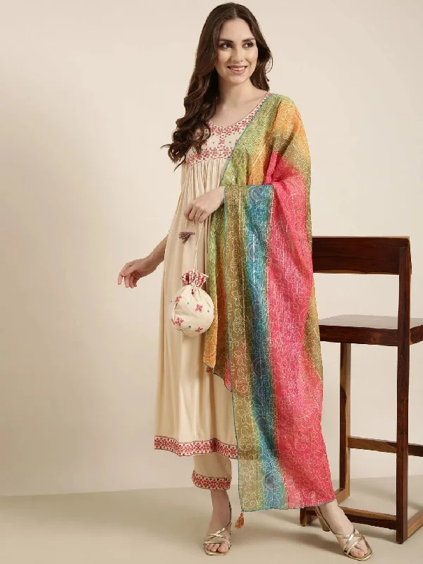 Women Anarkali Beige Solid Kurta and Trousers Set Comes With Dupatta-GW-4284-Beige Trousers Handmade Artisanal Women Anarkali Beige Solid Kurta and Trousers Set Comes With Dupatta-GW-4284-Beige Trousers Handmade Artisanal