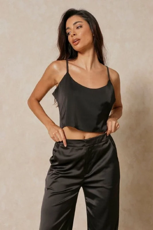 Satin Black Slim Fit Crop Top Mesh Fabric Canvas Fabric Denim Fabric