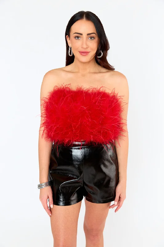 Fancy Strapless Feather Crop Top - Crimson Cotton Fabric Linen Fabric Terry Fabric