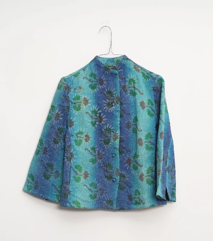 Blue Vintage Cotton Kantha Jacket Front Pockets Side Pockets Patch Pockets