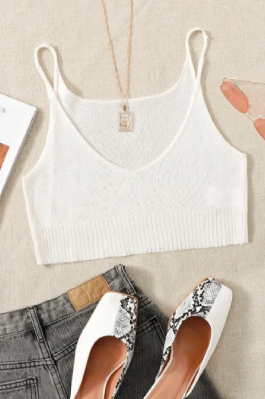 Round Neck White Crop Top Ribbed Striped Patterned