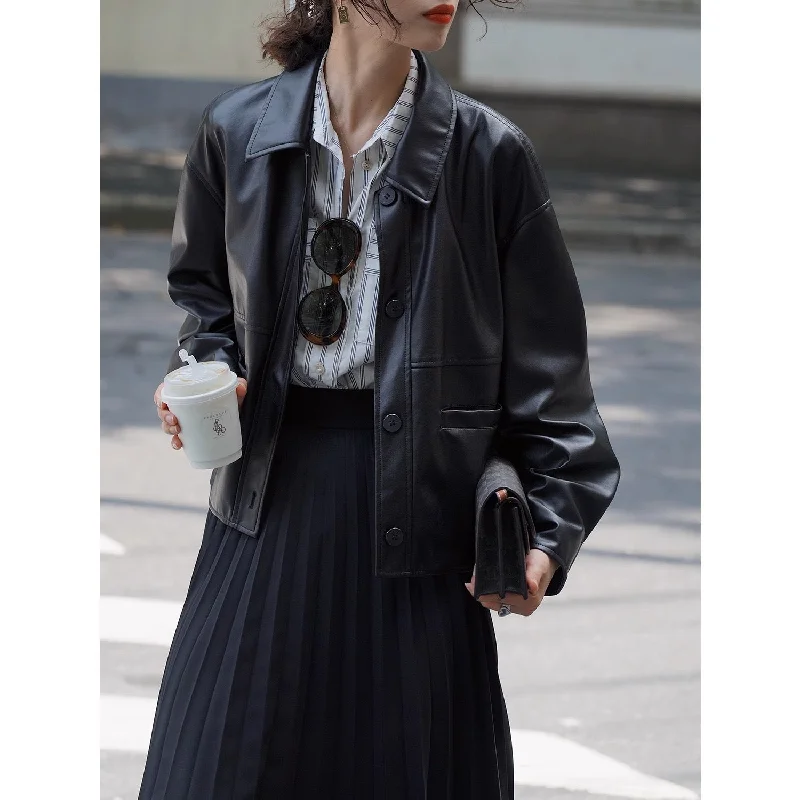 Advbridge 90s streetwear New Maillard Style Black Leather Coat for Women New American Retro Imitation Loose Short Jacket Jacket Welt Pockets Slit Pockets Flap Pockets Advbridge 90s streetwear New Maillard Style Black Leather Coat for Women New American Retro Imitation Loose Short Jacket Jacket Welt Pockets Slit Pockets Flap Pockets