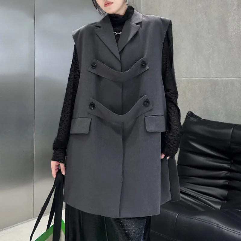 Sleeveless Loose Suit Vest Jacket Welt Pockets Slit Pockets Flap Pockets