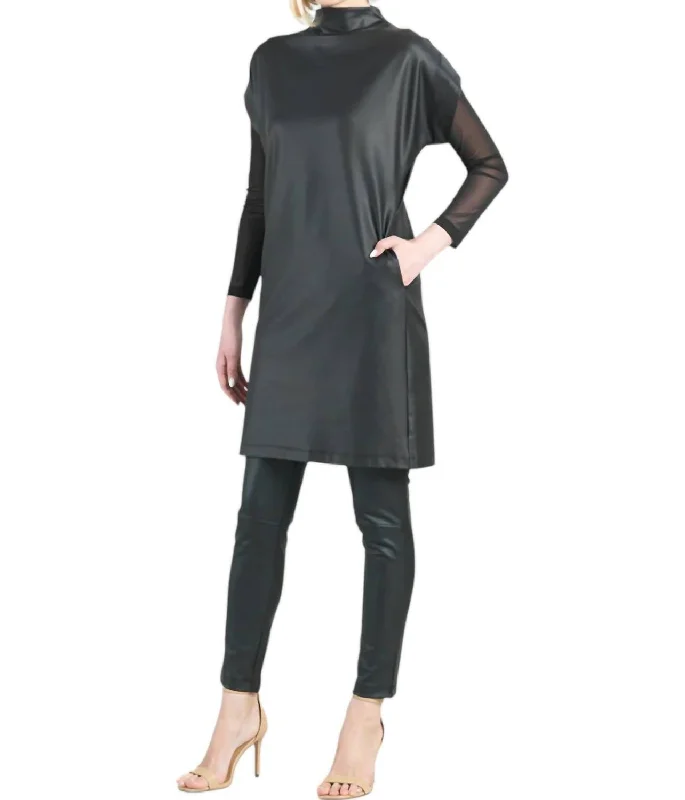 Liquid Leather High Neck Tunic Pocket Dress In Black